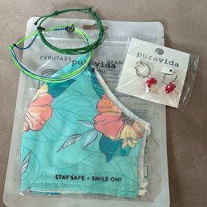 Pura Vida Bundle - Floral Mask, Mushroom Earring + Bracelet Set Blue + Green